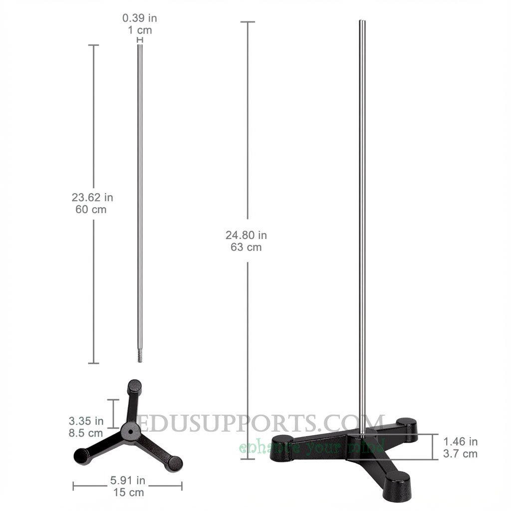 Triangular Tripod Retort Base & Rod Set (150x150mm Base, 1kg) with 600mm, 10mm Diameter Steel Rod.