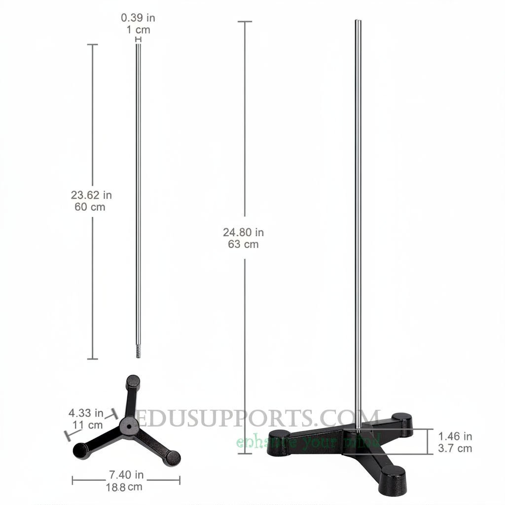Triangular Tripod Retort Base & Rod Set 188x188mm Base with 600mm Long 10mm Diameter Steel Rod-Black