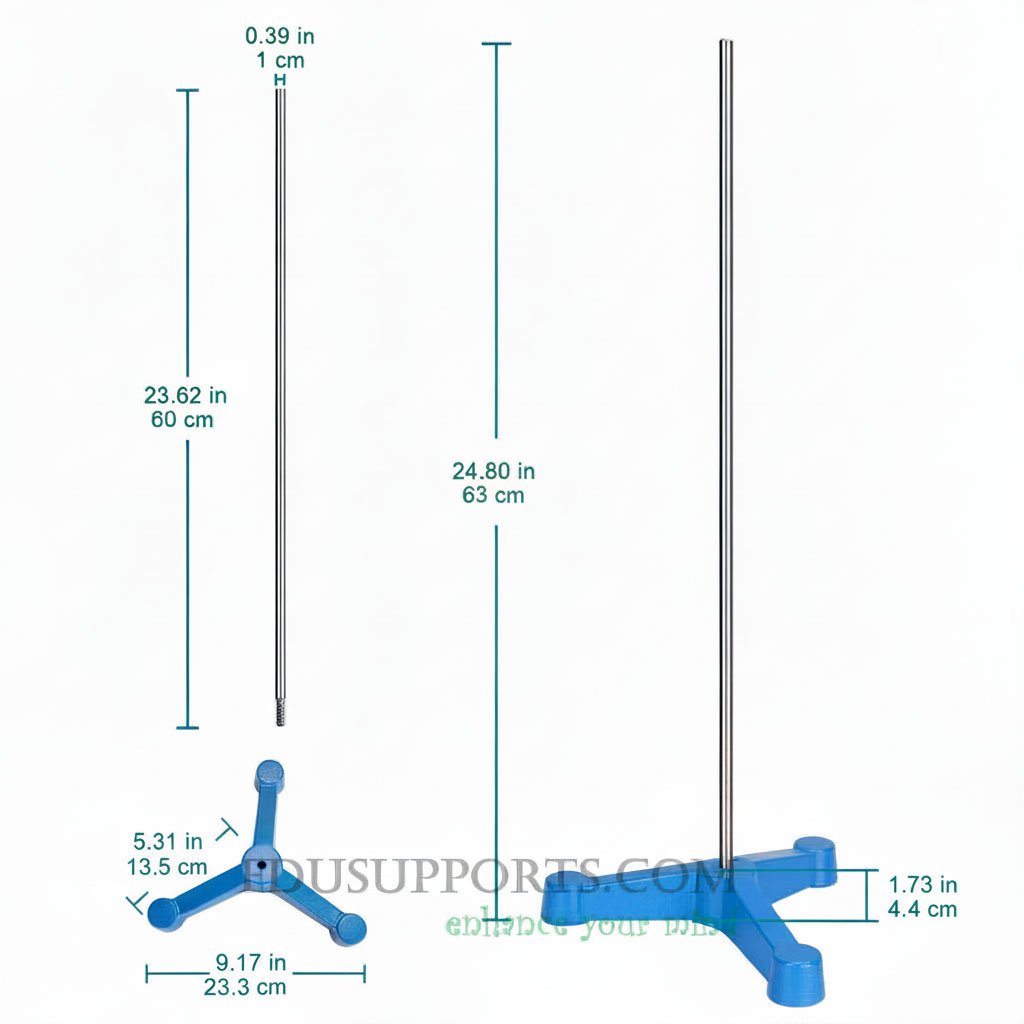 Triangular Tripod Retort Base & Rod Set 233x233mm Base with 600mm Long 10mm Diameter Steel Rod-Blue