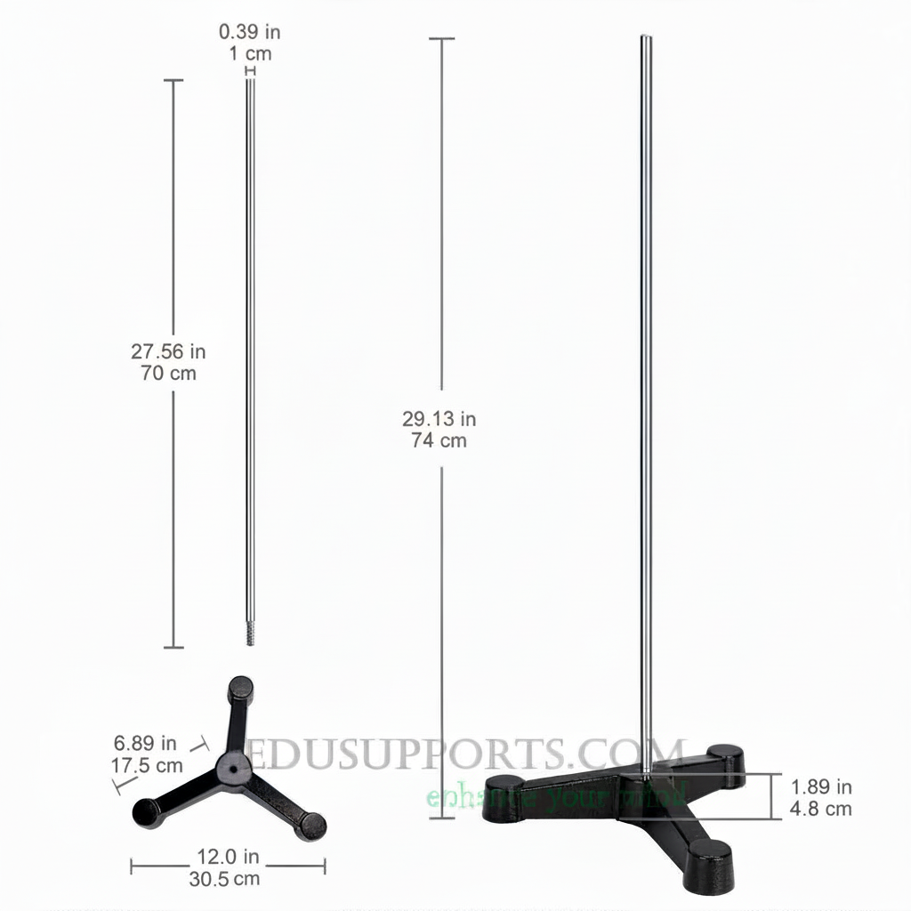 Triangular Tripod Retort Base & Rod Set 305x305 mm Base with 700mm Long 10mm Diameter Steel Rod-Black