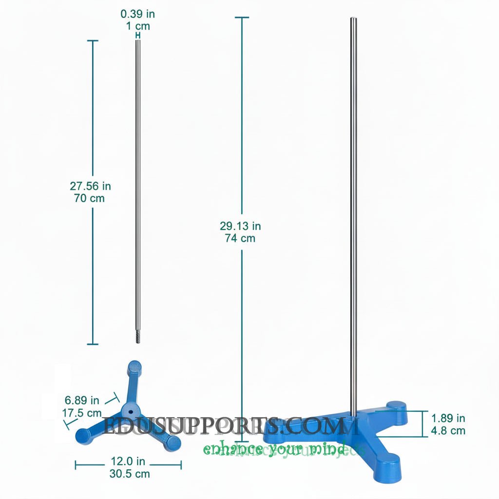 Triangular Tripod Retort Base & Rod Set 305x305 mm Base with 700mm Long 10mm Diameter Steel Rod-Blue