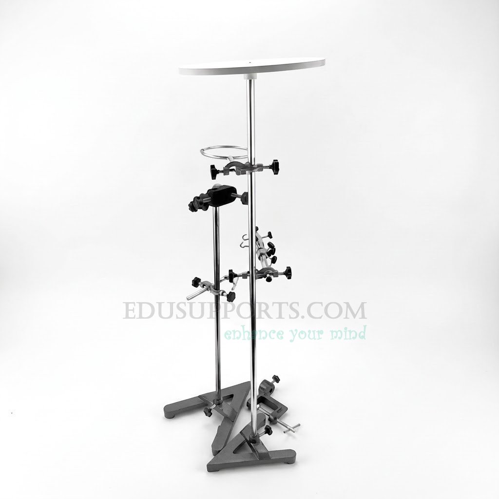 Adjustable retort stand set with nesting A-shape base, universal joint clamp, flask clamp and insulating rod