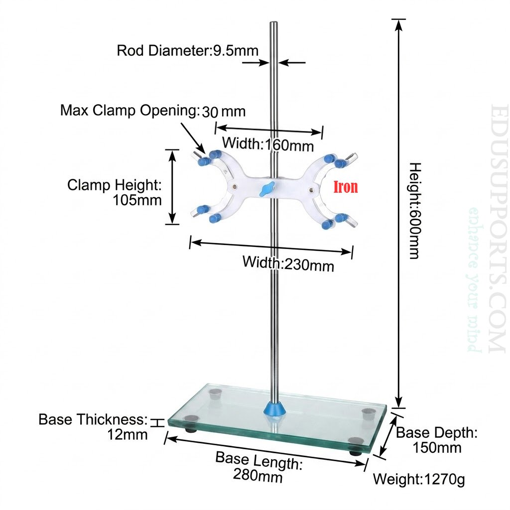 Glass Base Titration Stand – Iron Butterfly Clamp.with iron butterfly Clamp, 60cm height, 9.5mm steel rod, glass base 280x150mm, weight 1750g, max Clamp opening 30mm