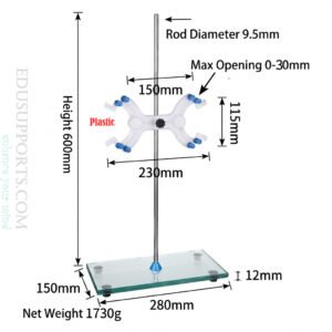 Glass Base Titration Stand – Plastic Butterfly Clamp, 60cm height, 9.5mm steel rod, glass base 280x150mm, weight 1730g, max Clamp opening 30mm