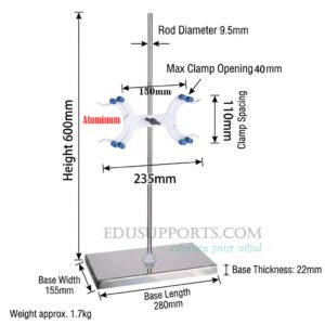 Hybrid Stainless Steel Titration Stand – Aluminum Butterfly Clamp, stainless steel shell and iron core base 280x155x22mm, 60cm height, 9.5mm steel rod, weight 1700g, max Clamp opening 40mm