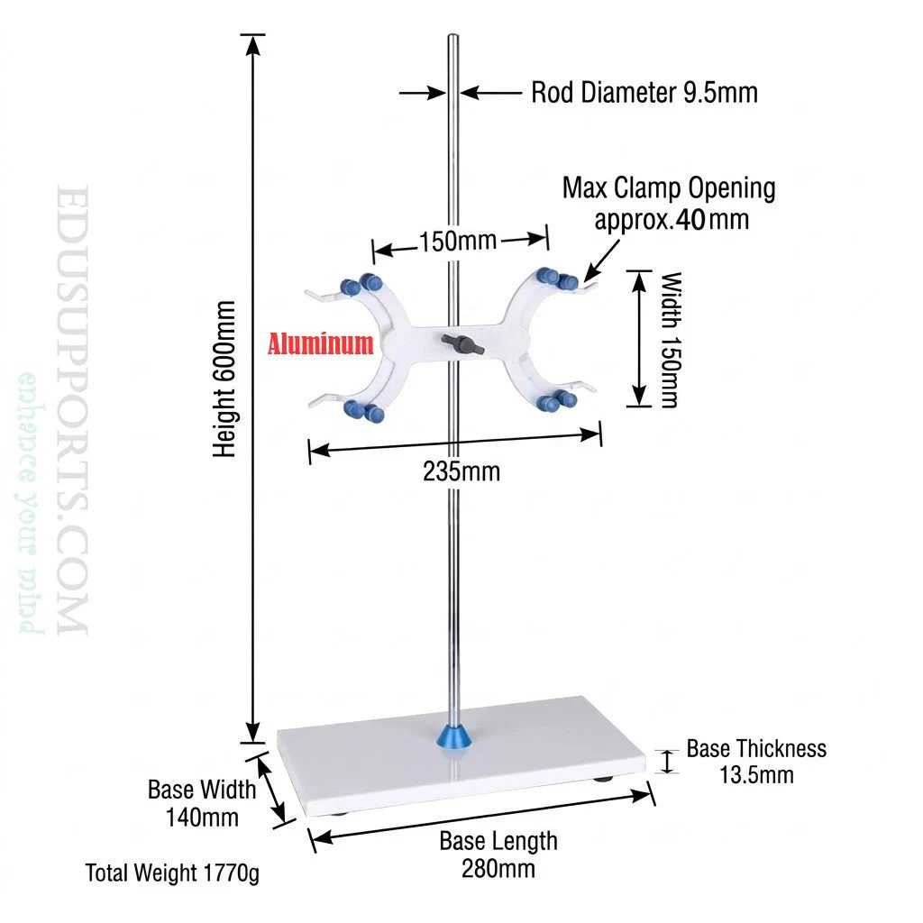 Marble titration stand 60cm with aluminum butterfly clamp, steel rod 9.5mm, marble base 280x140x13.5mm, weight 1770g, max clip opening 40mm