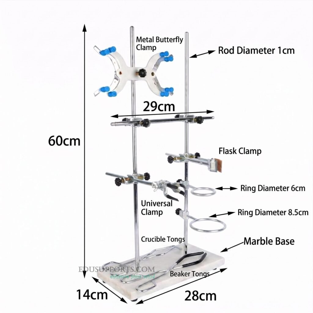 Multi-Function Lab Stand Set components – metal butterfly clamp, flask clamp, universal clamp, crucible tongs, beaker tongs, and marble base