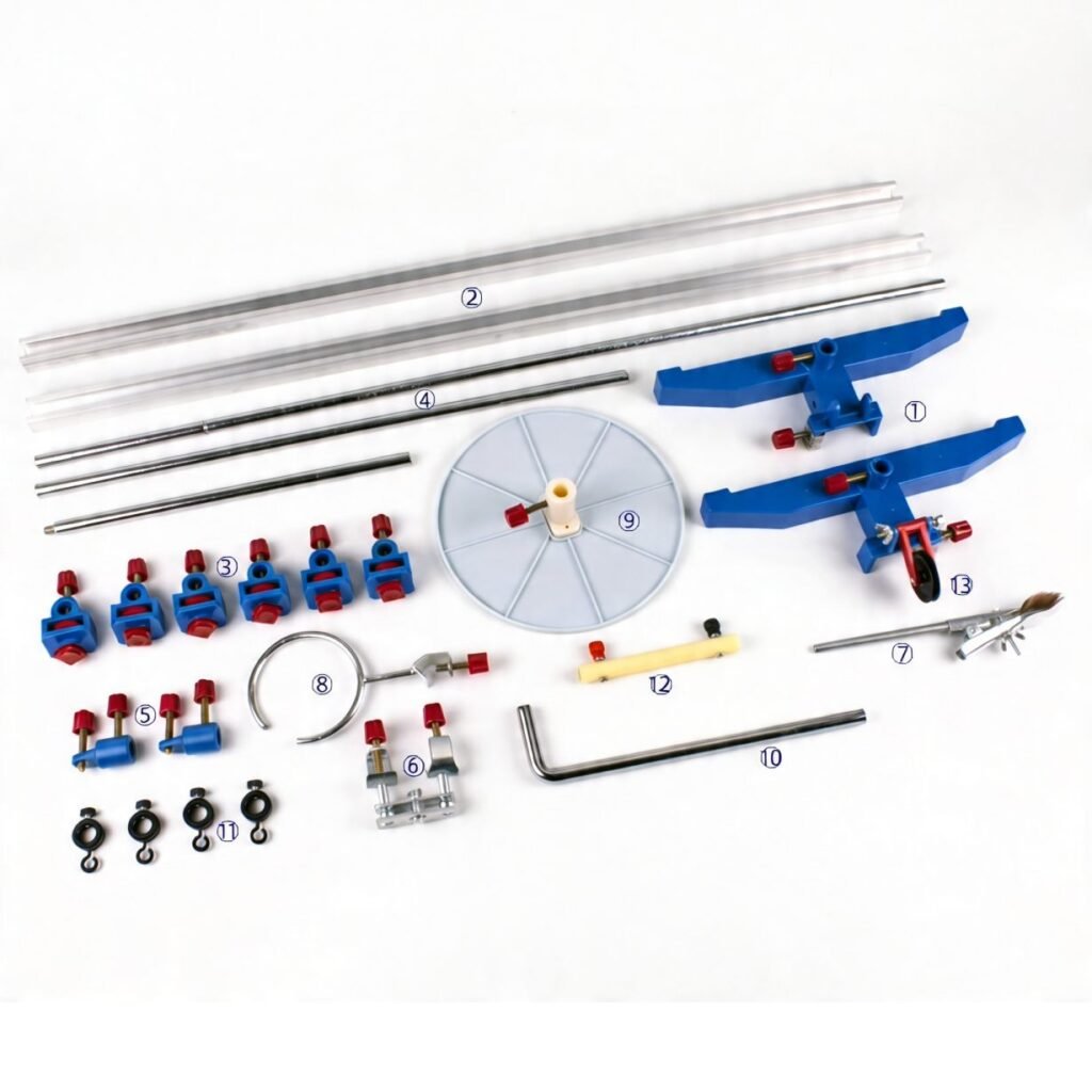 Components list of multi-functional experimental stand including support base, slide rail, slider, metal rod, universal clamp, flask clamp, iron ring, tray, hanging hook, insulating ring, and fixed pulley.