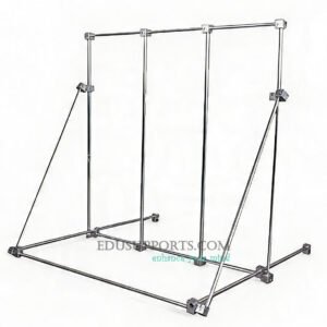 Small lab frame modular support structure with 4 vertical rods, base feet, and connection points for clamps