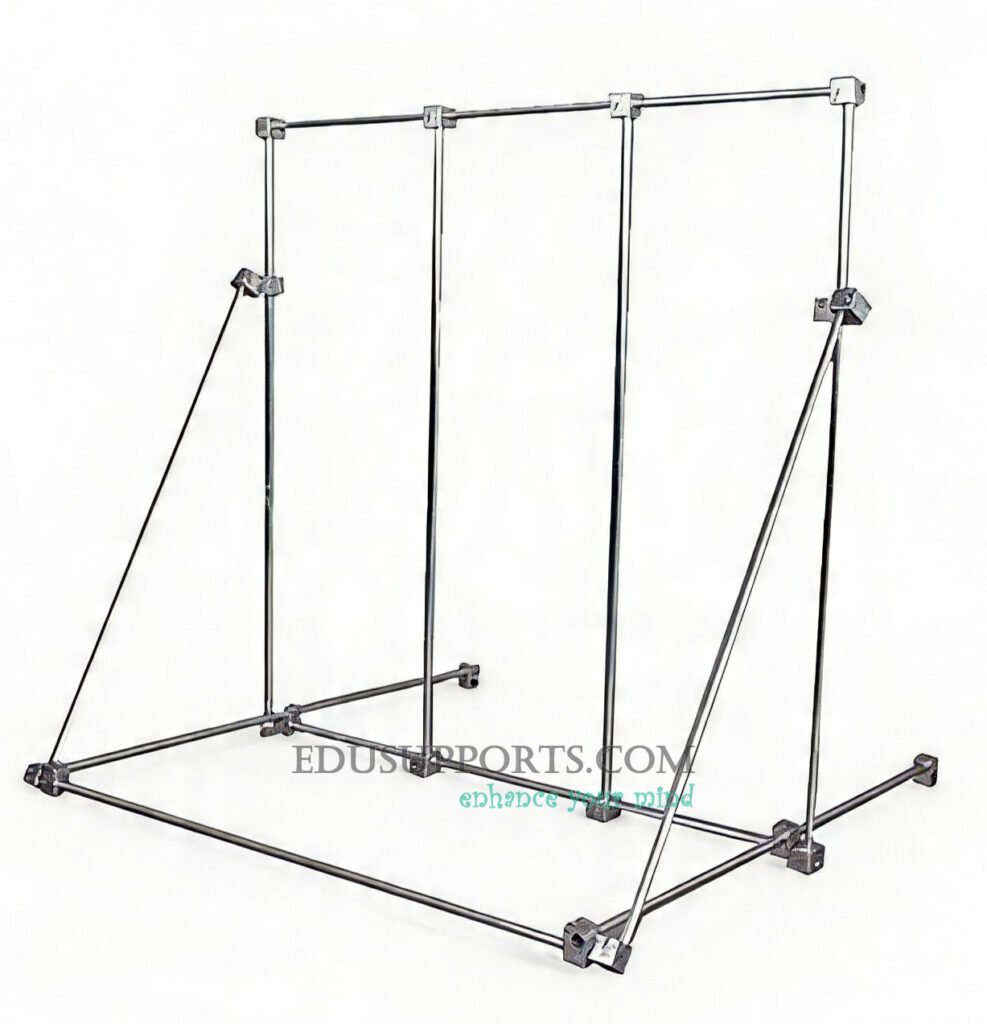 Small lab frame modular support structure with 4 vertical rods, base feet, and connection points for clamps