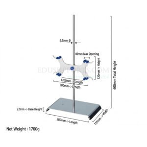 Solid Stainless Steel Titration Stand – 60cm, 40mm Max Opening with double‑sided aluminum butterfly clip, 40mm max opening, 60cm total height, 9.5mm rod, solid stainless steel base 280x155x22mm, weight 1700g
