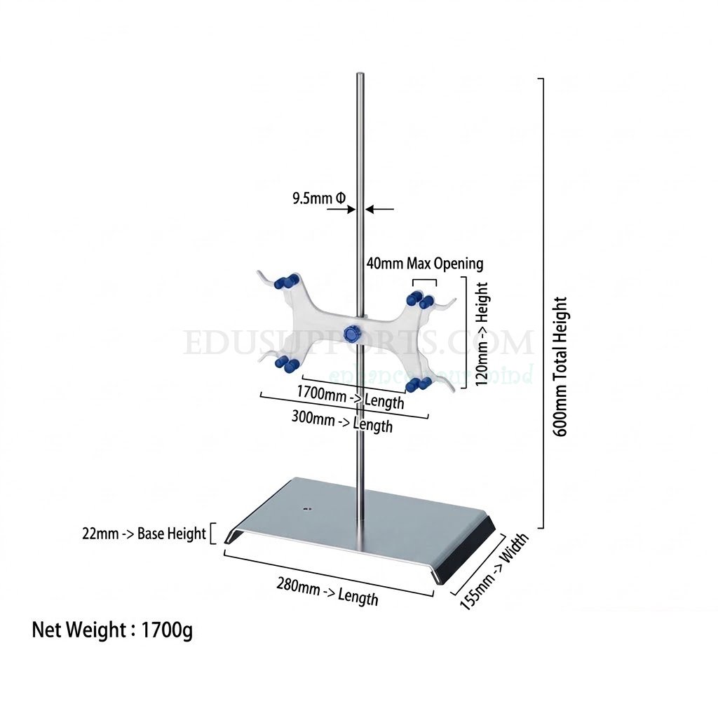Solid Stainless Steel Titration Stand – 60cm, 40mm Max Opening with double‑sided aluminum butterfly clip, 40mm max opening, 60cm total height, 9.5mm rod, solid stainless steel base 280x155x22mm, weight 1700g