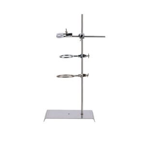 University grade 304 stainless steel retort stand 60cm, 12mm rod, extra-large base 28.5x17.5cm with non-slip sleeve, cross clamp max opening 75mm, small ring 70mm, large ring 90mm