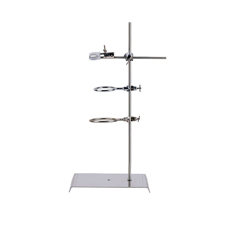 University grade 304 stainless steel retort stand 60cm, 12mm rod, extra-large base 28.5x17.5cm with non-slip sleeve, cross clamp max opening 75mm, small ring 70mm, large ring 90mm