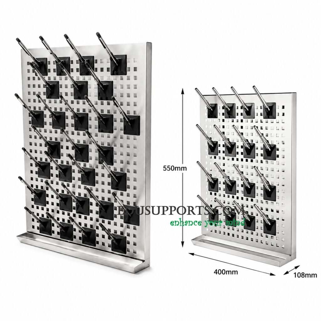 Laboratory drip rack 304 stainless steel 27 rods single-sided silver 130mm detachable pegs heat resistant wall mounted
