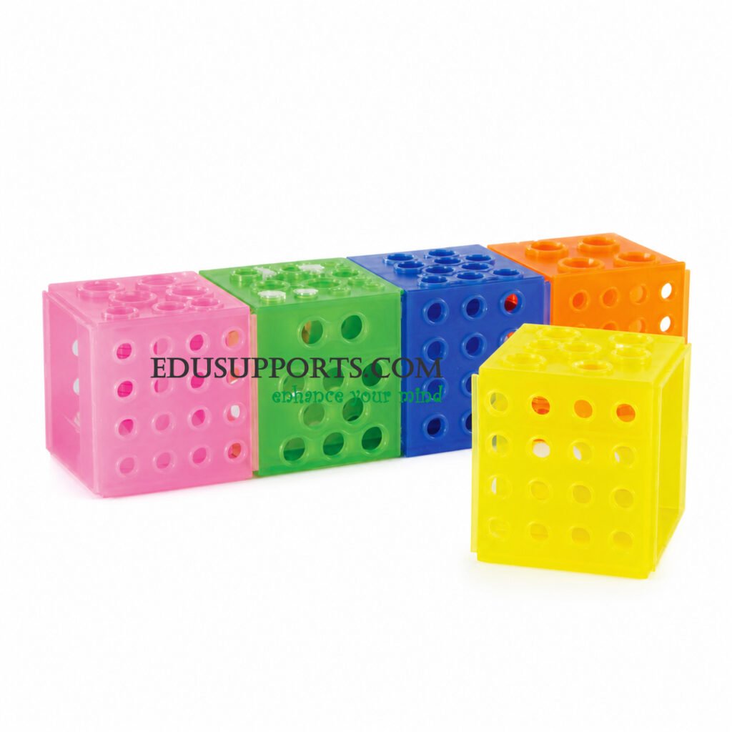Interlocking cube tube rack 5 colors blue green yellow orange pink polypropylene 4 sides 30mm 17mm 12.5mm 11.5mm